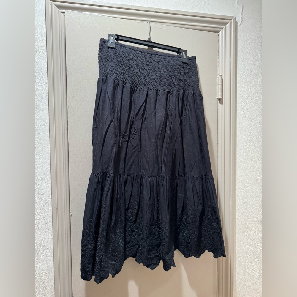 Jason Wu Smocked Tiered Midi Skirt XL Embroidered Black Eyelet Scalloped Hem